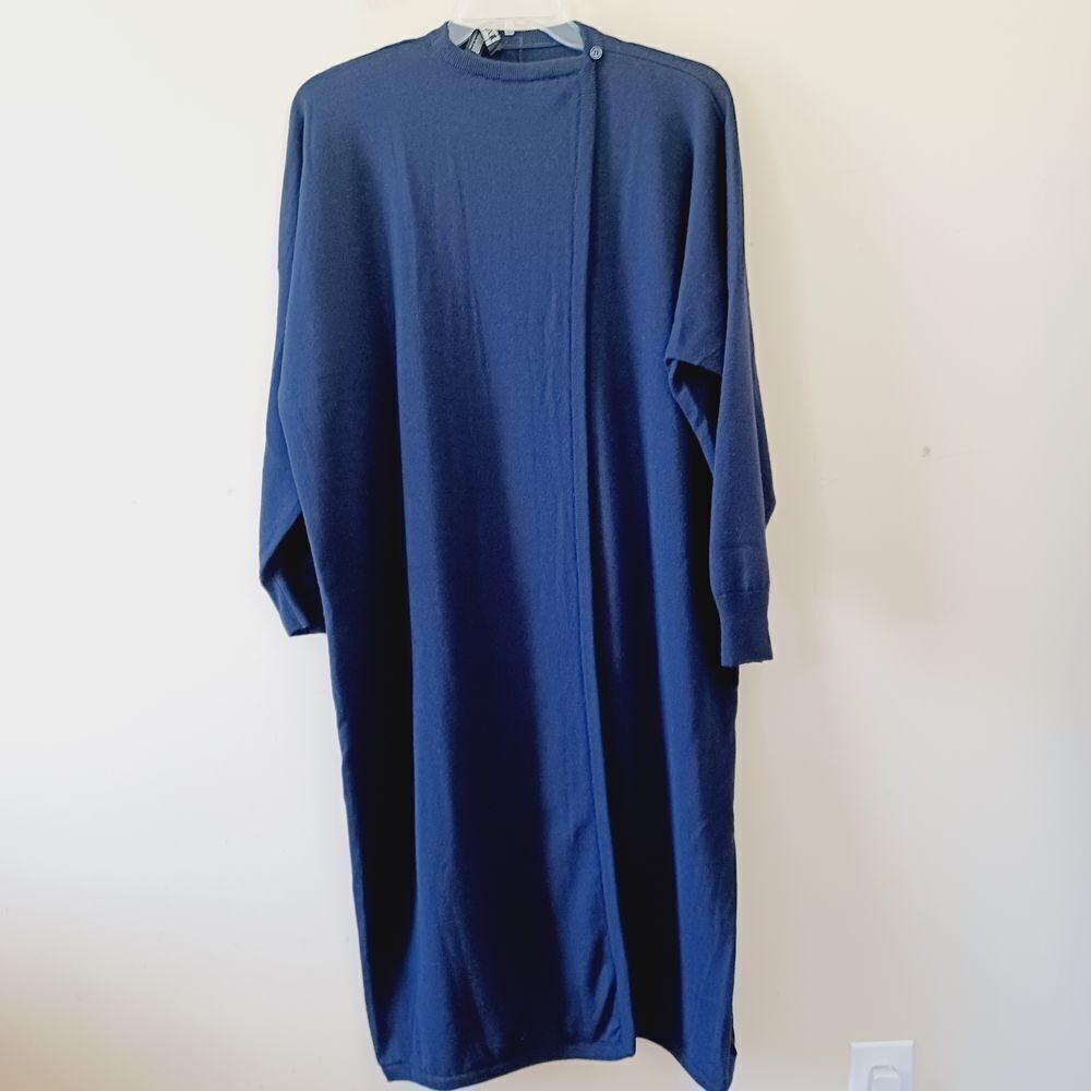 Jean Muir Sweater Dress 80s Vtg Lagenlook Wool Cape England Blue Dolman Oversize